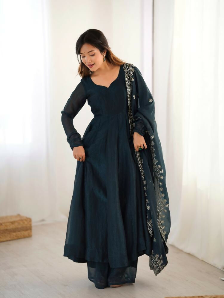 Joban Fashion Blue Chinnon Silk Sequence Embroidery Work Readymade Kurta Set - Distacart