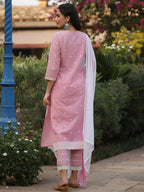 Juniper Women's Pink Cambric Floral Print Kurta Straight Pant And Duptta Sets - Distacart