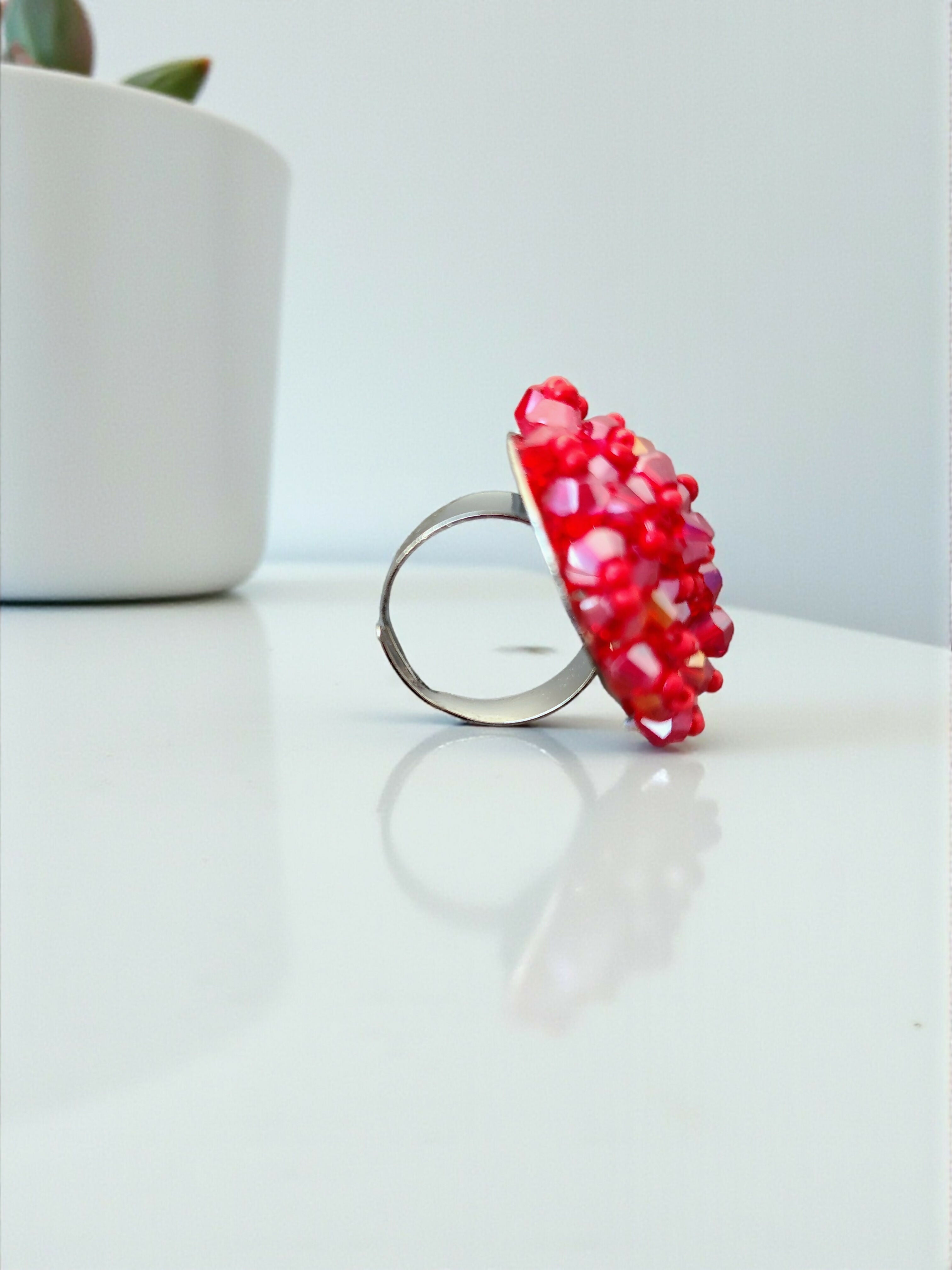 Inhanns Rang-E-Roshan Adjustable Ring – Handmade Crystal Statement Ring - Red Small