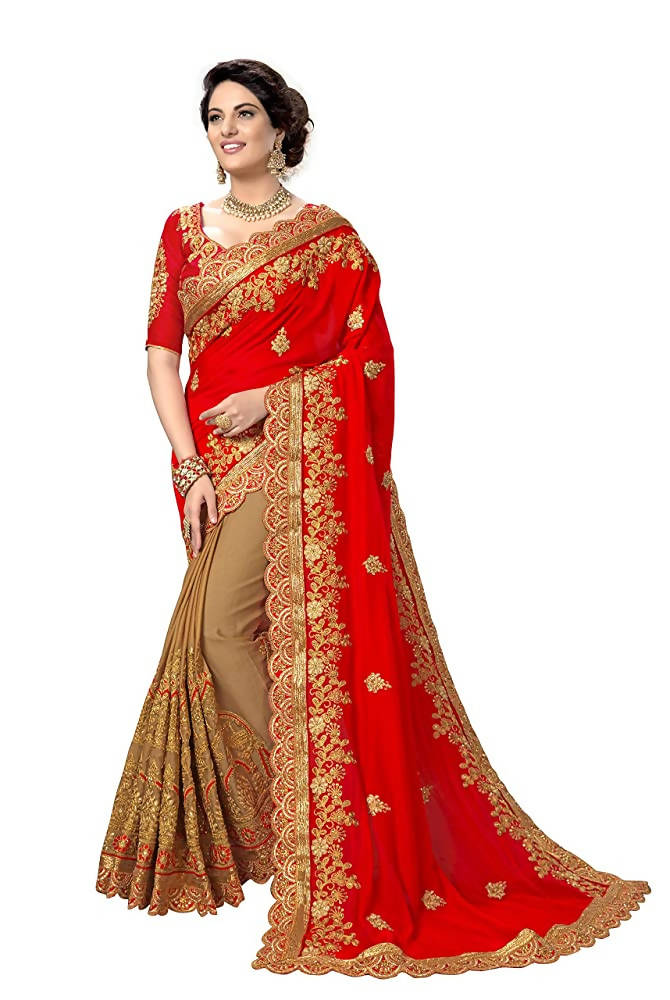 Sarvadarshi Fashion Women's Red Fabric Silk Heavy Work Embroidery Saree With Blouse Piece