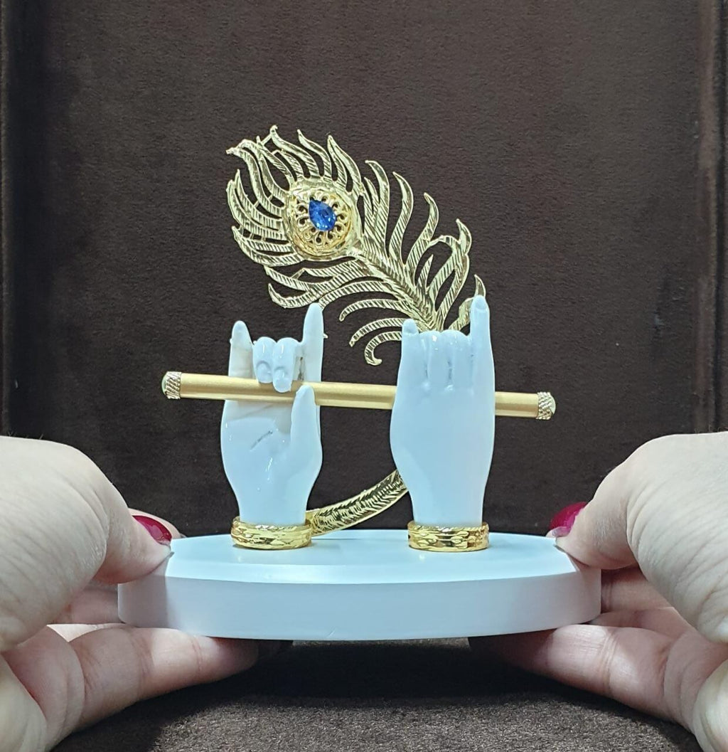 House Of Wemy Gold-Polished Melody Krishna Hands Idol with Flute and Peacock Feather - White