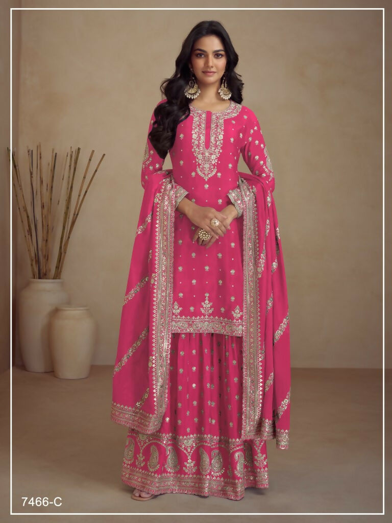 Vastranavya Glamorous Pink Chinon Palazzo Suit With Intricate Sequins Embroidery Work with Dupatta