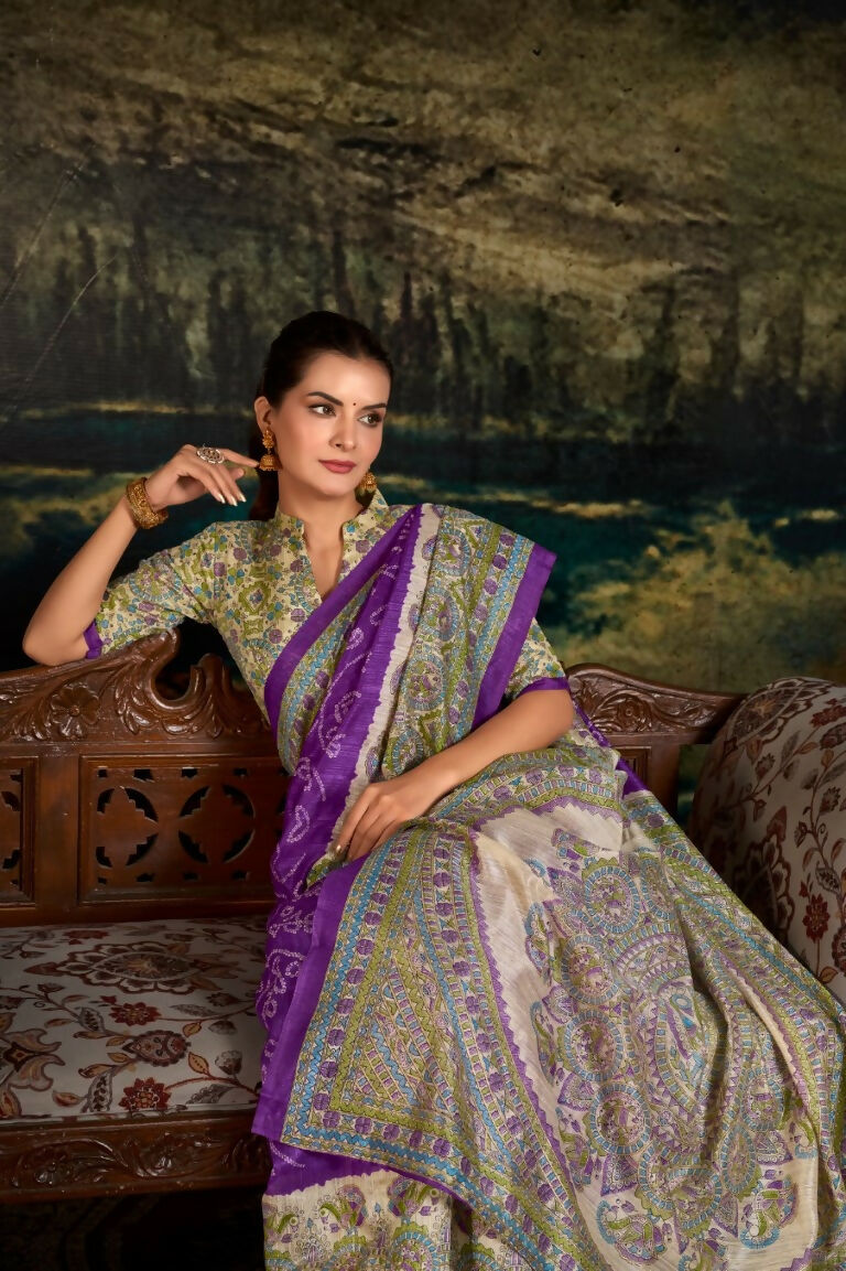 Vastranavya Purple Silk Madhubani & Bandhej Fusion Print Saree with Unstitched Blouse