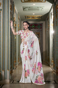 Vastranavya White Spectacular Georgette Printed with Pearl Lace Saree with Unstitched Blouse - Distacart