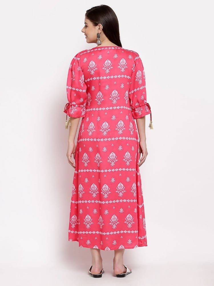 Myshka Women's Pink Cotton Printed 3/4 Sleeve Round Neck Casual Dress