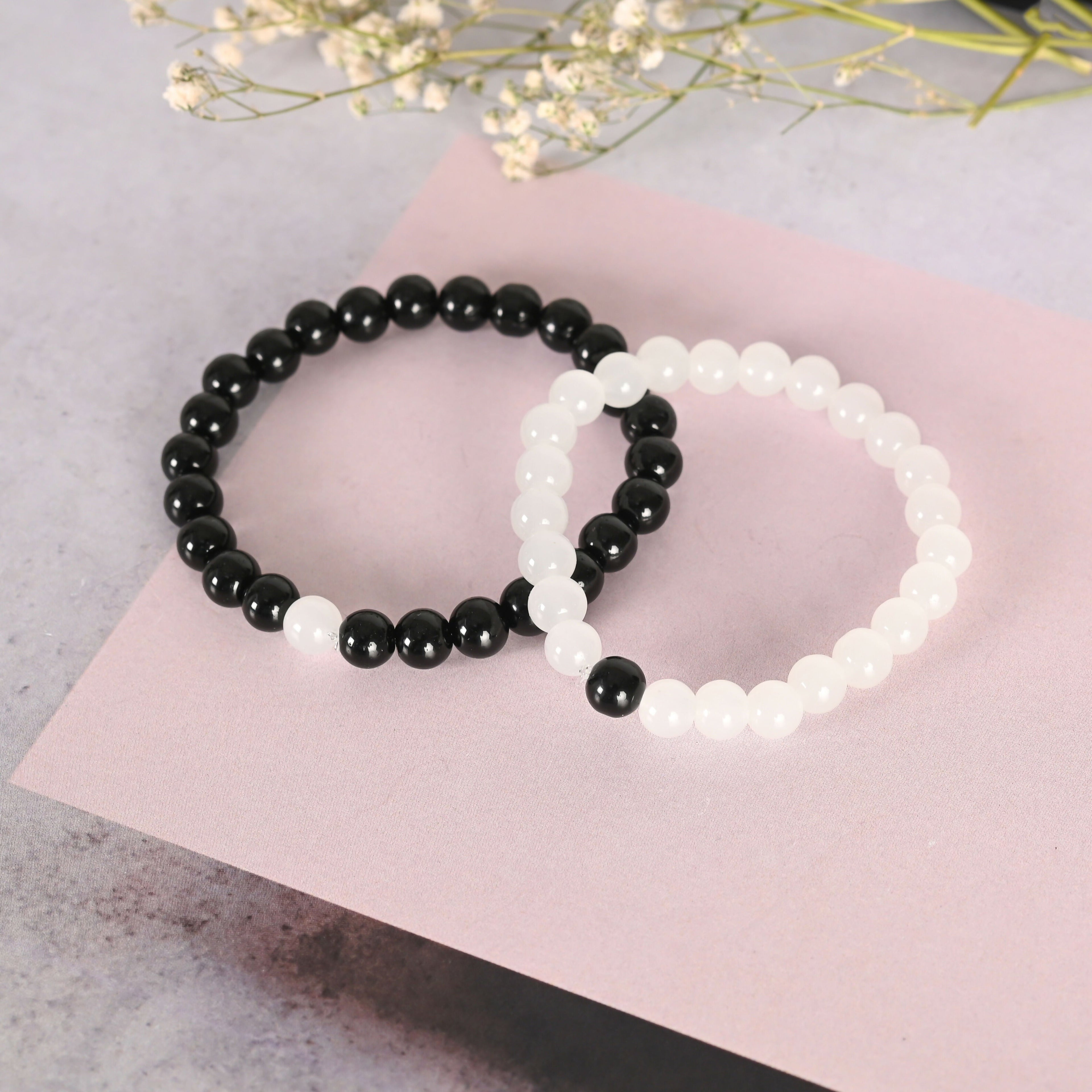 NVR Men & Women White & Black Marbel Crystal Elasticated Bracelet - Distacart