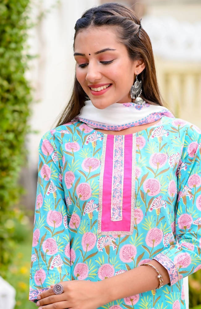 Yufta Women Blue & Off-White Printed Kurta with Trouser & Dupatta