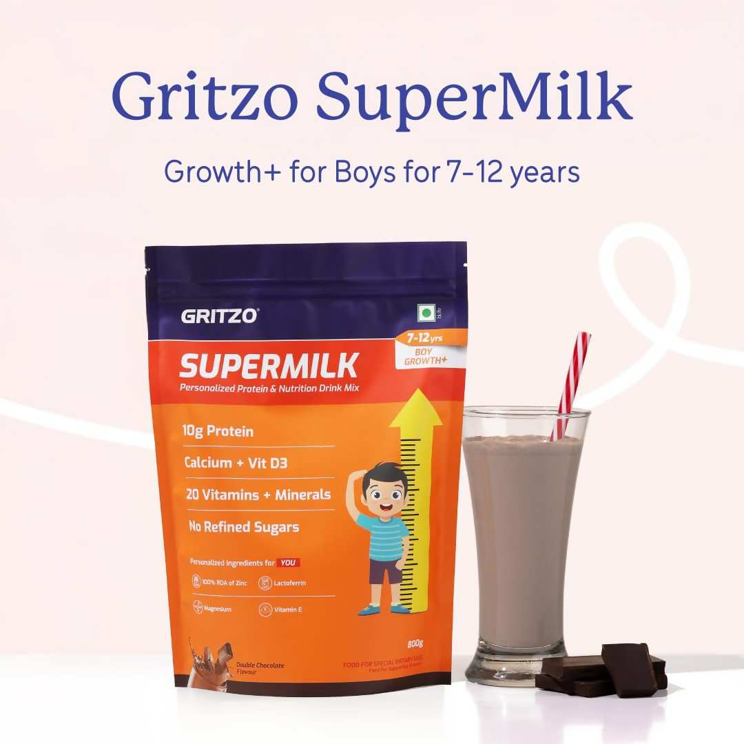 Gritzo SuperMilk Growth+ (Formerly Height+) (7-12y Boys) - Double Chocolate, with Super Gummies - Strawberry