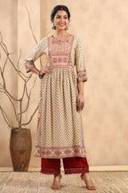 Juniper Women's Beige Rayon Printed Embroidered Straight Kurta - Distacart
