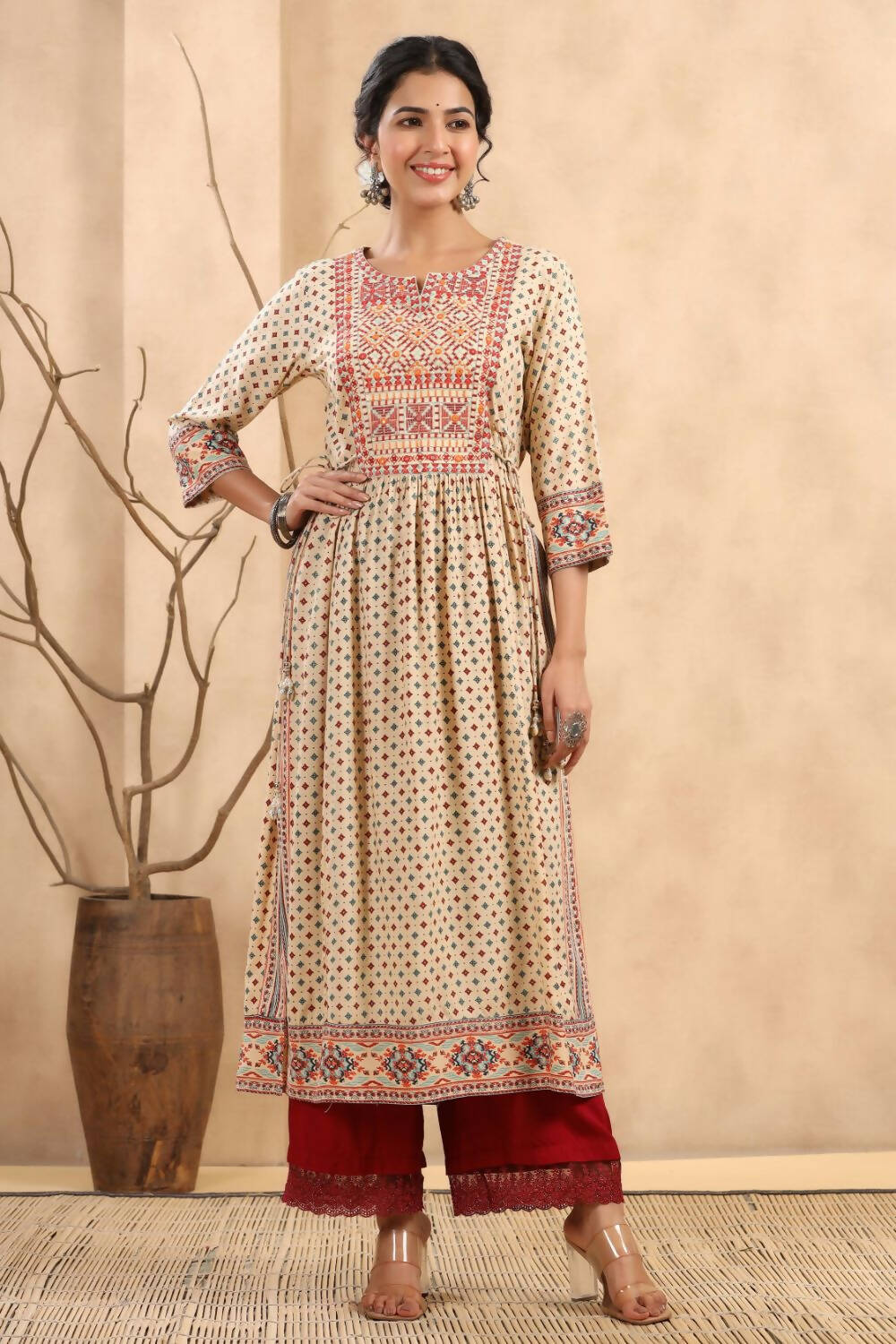 Juniper Women's Beige Rayon Printed Embroidered Straight Kurta - Distacart