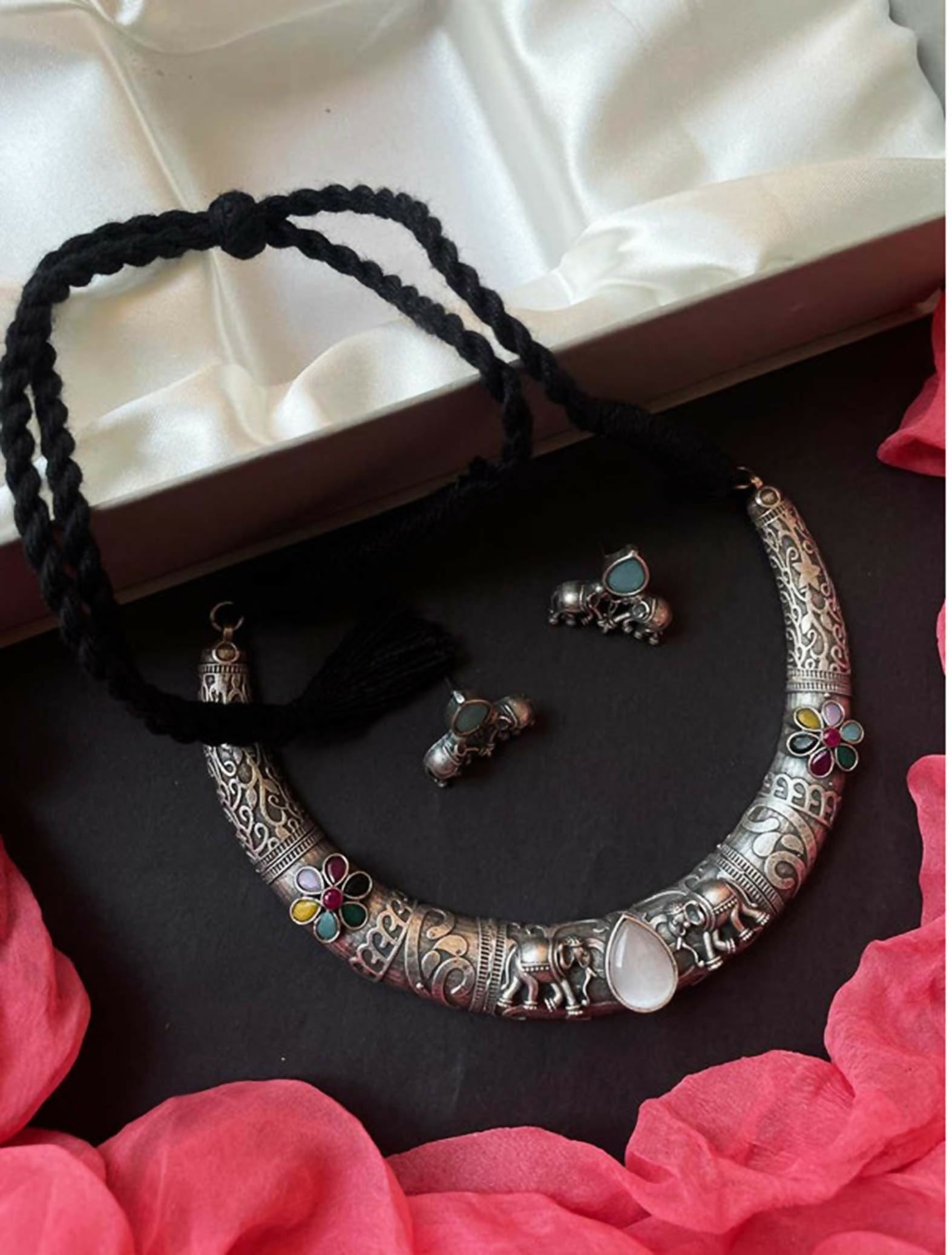 Joban Fashion Women Multi Monalisa Stone Oxidized Choker With Earring Set - Distacart