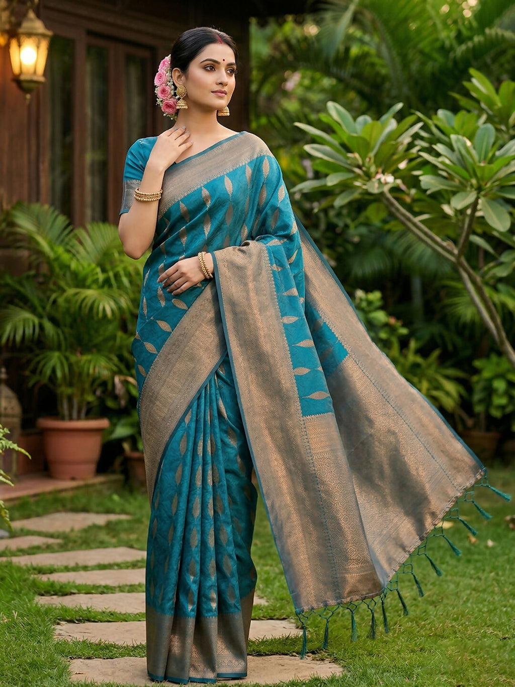 Shree Shyam Fashion Rama Blue Silk Blend Saree - Distacart
