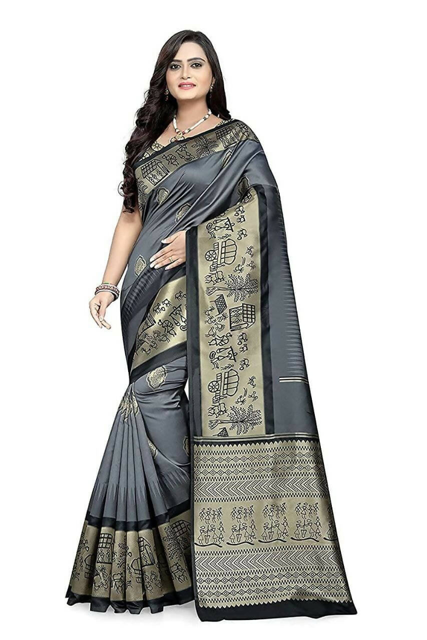 DEIANA'S Beautiful Designer Golden zari Soft Lichi Silk Saree - Grey