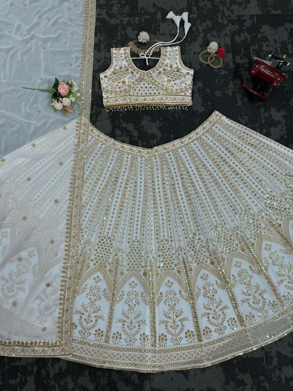 Jyoti Fashion Women's White Faux Georgette Sequins with Thread Embroidered Designer Lehenga Choli Set