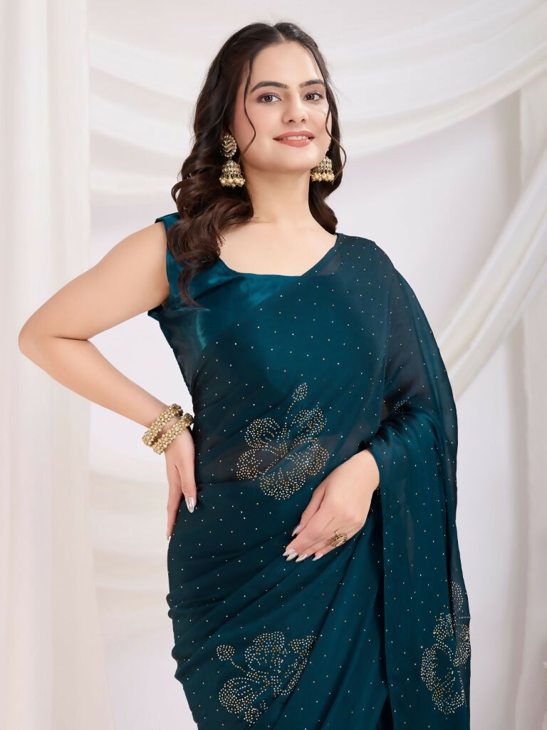 Teal Blue Rangoli Silk Diamond Work Ready To Wear Saree - Tamana
