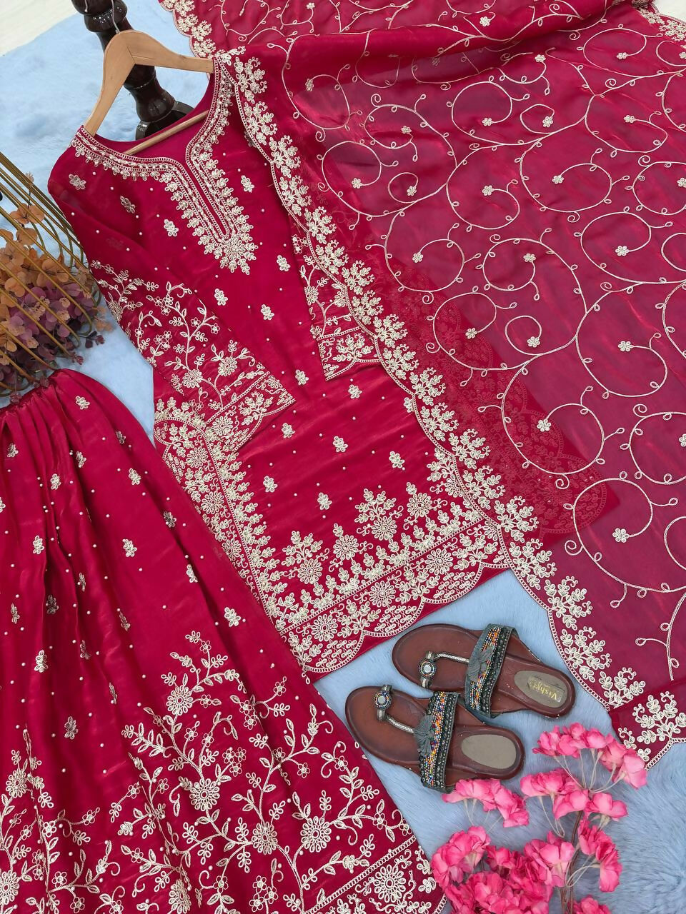 Teeya Creation Rani Pure Silk Gimmy Silk Heavy Embroidery Work Wedding Wear Palazzo Pair - Distacart