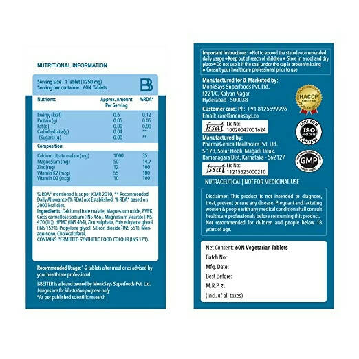 BBETTER Calcium Magnesium Zinc Tablets with Vitamin D3 & K2 - Distacart
