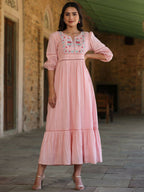 Juniper Women's Pink Cotton Dobby Embroidered Flared Dress - Distacart