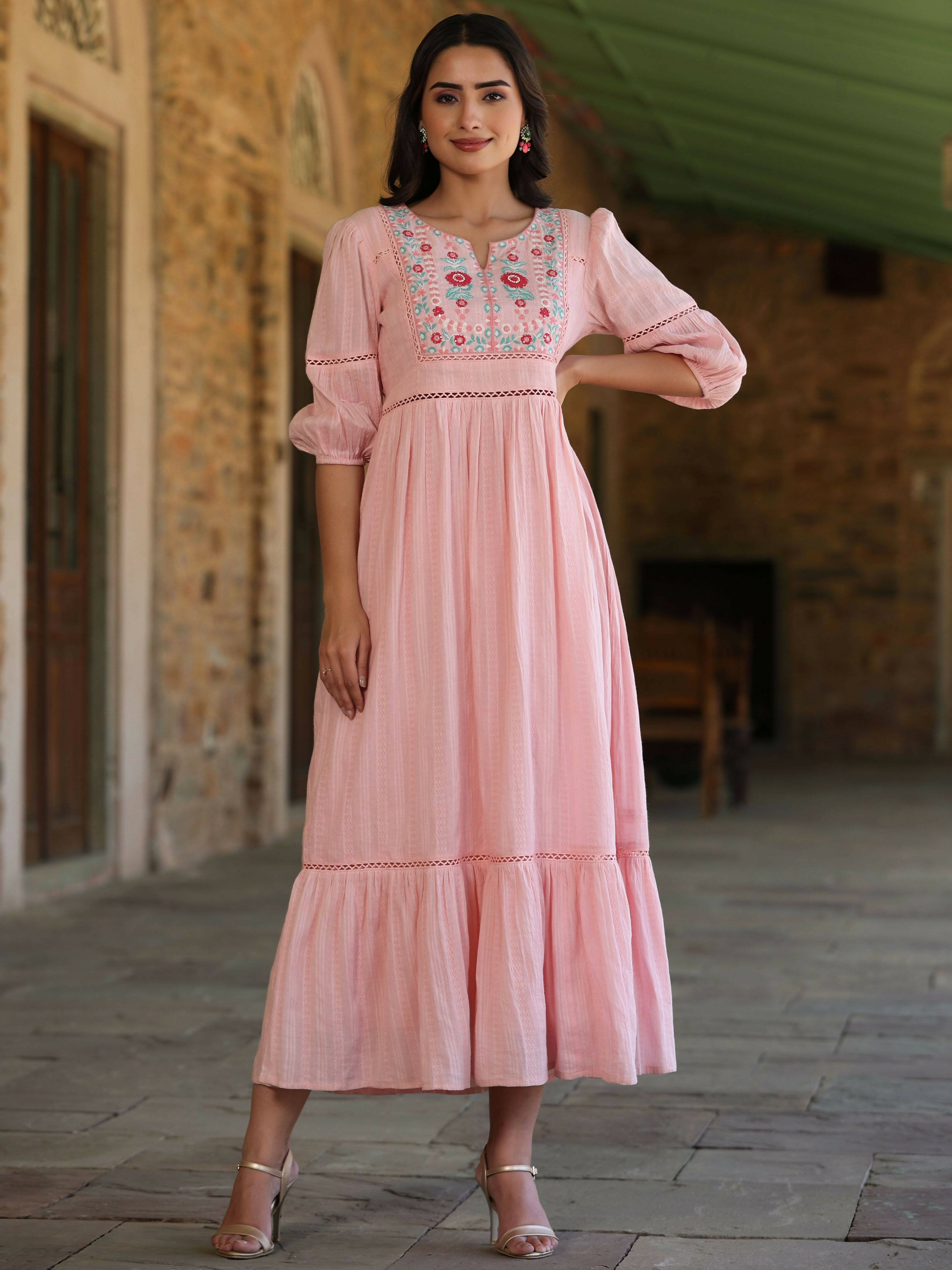 Juniper Women's Pink Cotton Dobby Embroidered Flared Dress - Distacart