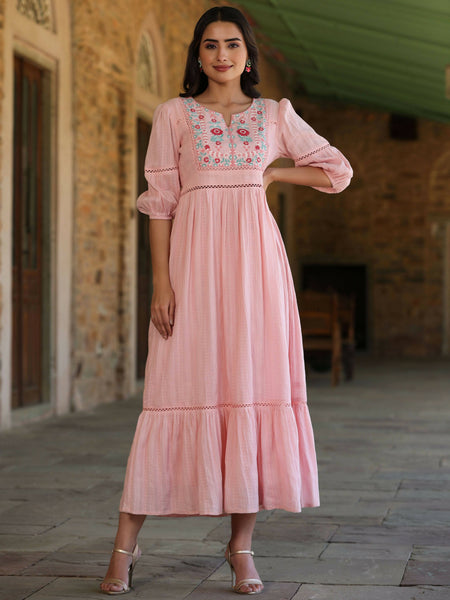 Juniper Women's Pink Cotton Dobby Embroidered Flared Dress