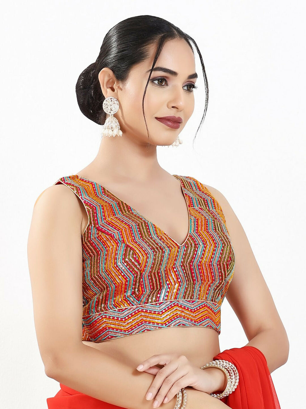 Joban Fashion Red Multi Silk Padded Blouse With V Neck Sleeveless - Distacart