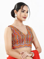 Joban Fashion Red Multi Silk Padded Blouse With V Neck Sleeveless - Distacart