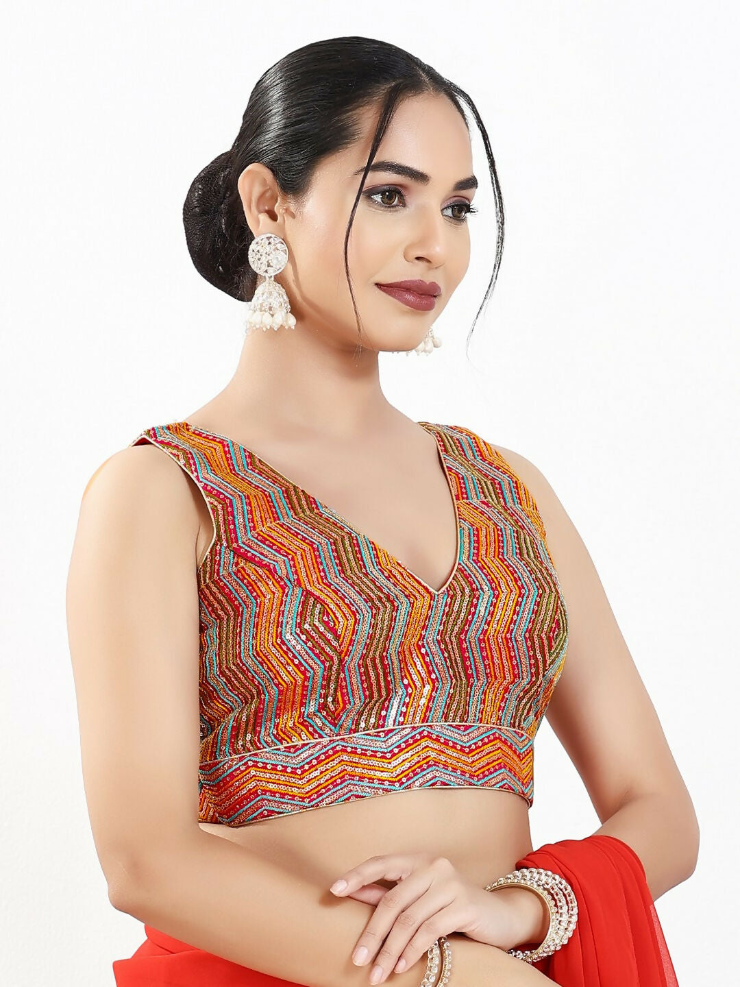 Joban Fashion Red Multi Silk Padded Blouse With V Neck Sleeveless - Distacart