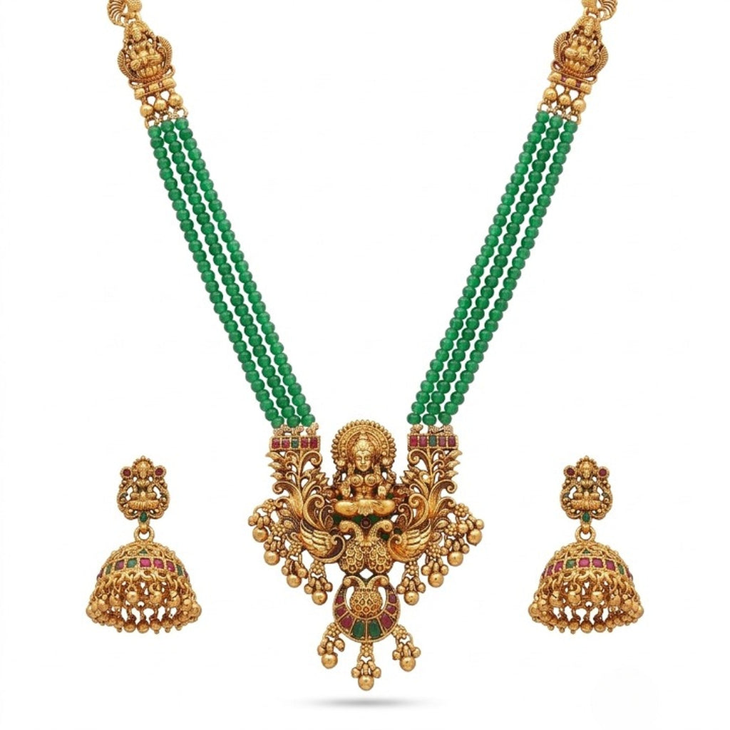 Jewel City Antique Gold-Plated Lakshmi Pendant Green Bead Necklace Set with Jhumka Earrings - Traditional Temple Jewelry - Distacart