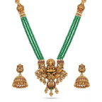 Jewel City Antique Gold-Plated Lakshmi Pendant Green Bead Necklace Set with Jhumka Earrings - Traditional Temple Jewelry - Distacart