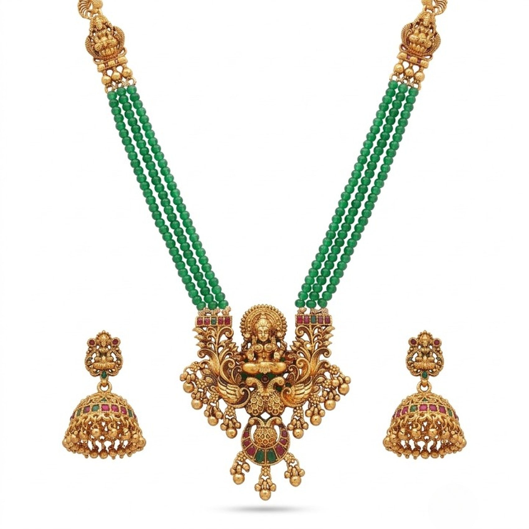 Jewel City Antique Gold-Plated Lakshmi Pendant Green Bead Necklace Set with Jhumka Earrings - Traditional Temple Jewelry - Distacart