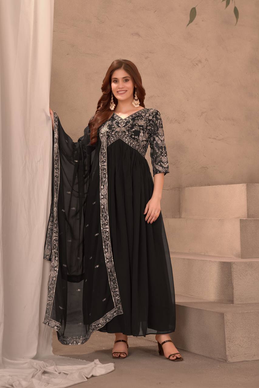 Lehenga Mart Elegance black embroidery gown with pant and dupatta for Girls