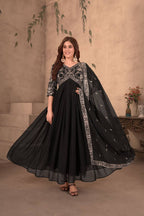 Lehenga Mart Elegance black embroidery gown with pant and dupatta for Girls