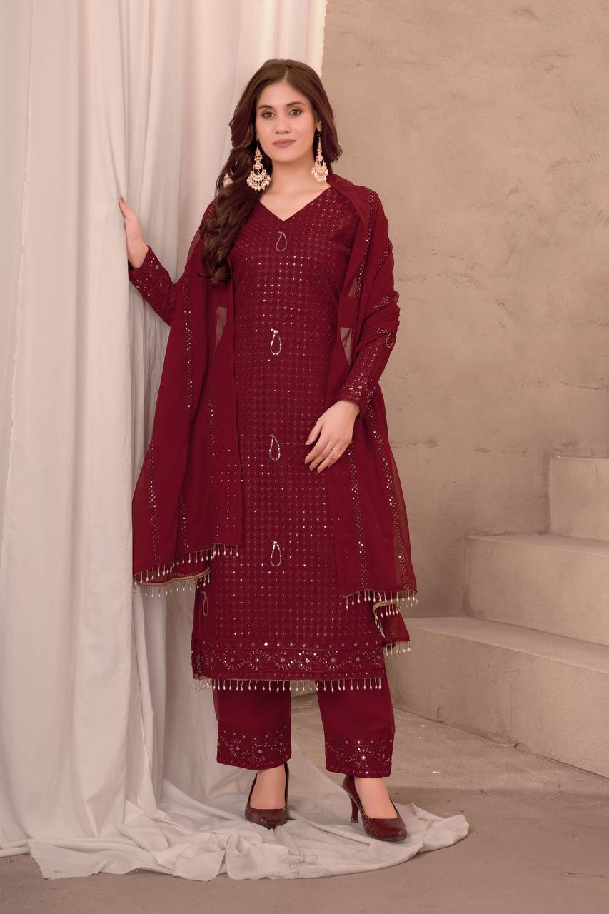 Lehenga Mart Festival maroon embroidery Ready Made kurti with pant and dupatta