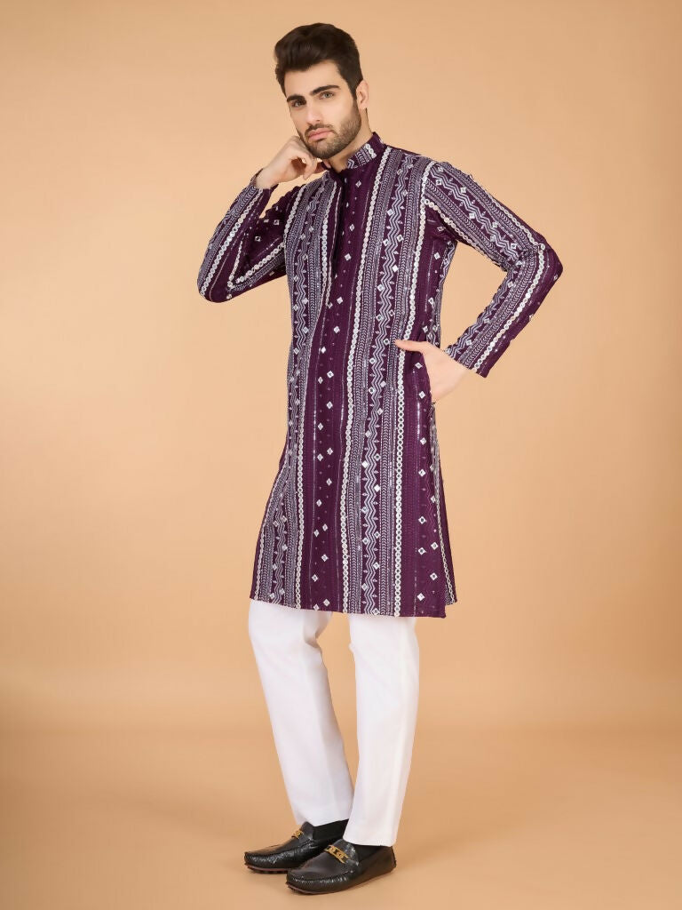 Vastranavya Purple Exclusive Festival Wear Pure Viscose Rayon Sequence & Foil Mirror Heavy Embroidered Work Kurta