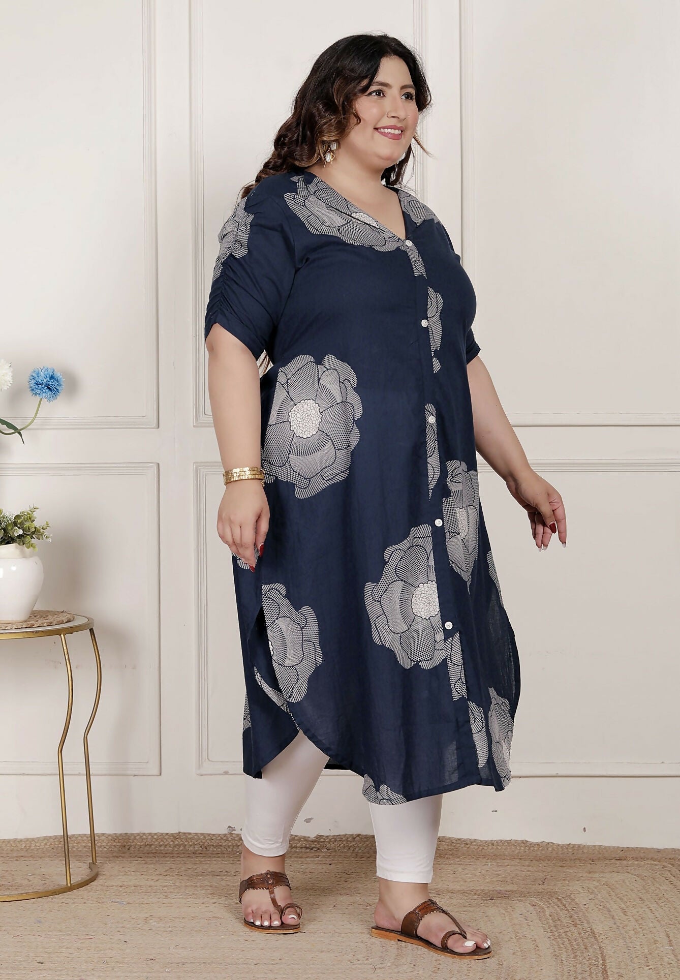 Miravan Womens Plus Size Blue Floral Printed Front Buttoned A-Line Kurta Dress