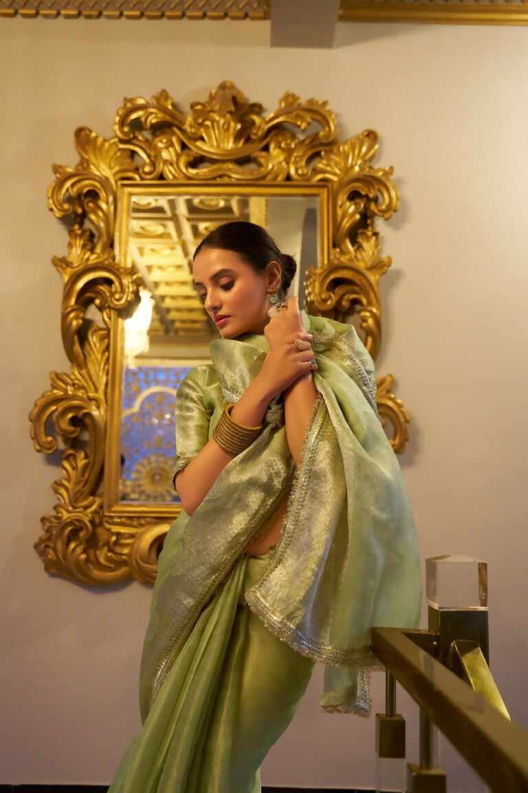 Vastranavya Pista Tissue Shimmer Zari Weaving Work Saree with Unstitched Blouse