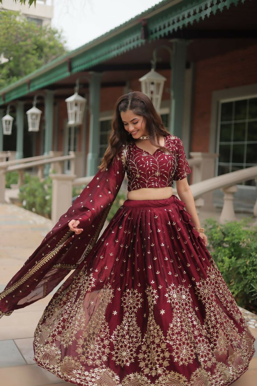 Vastranavya Designer Heavy Sequins & Thread Embroidered work Lehenga Choli - Maroon