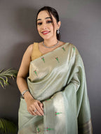Joban Fashion Pale Blue Peacock & Floral Motifs Tissue Paithani Saree