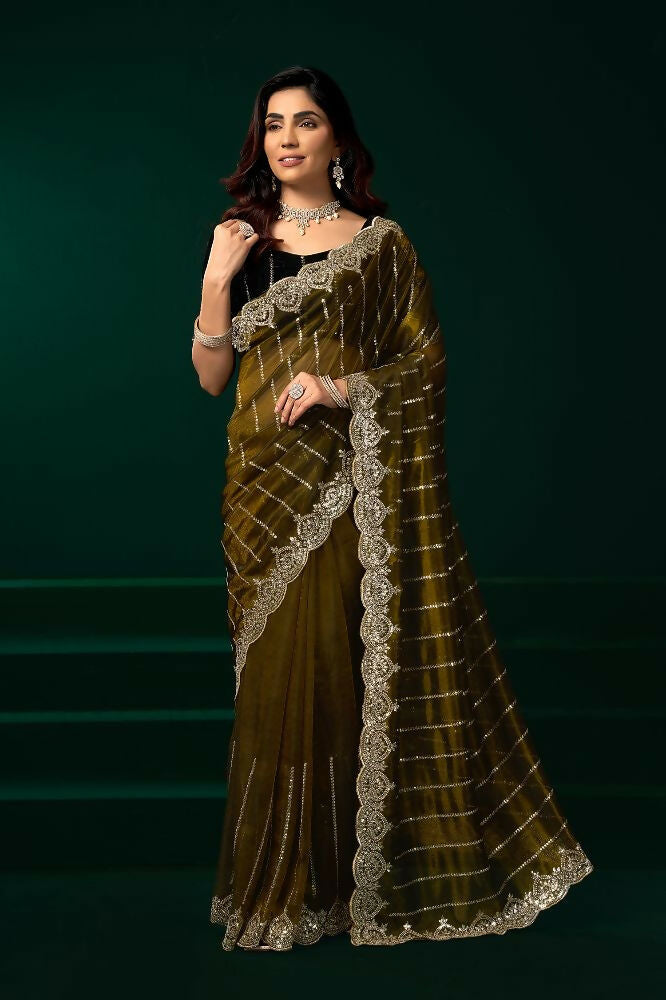 Joban Fashion Mehendi Green Net Party Wear Sarees - Distacart