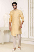 Raivat Ethnic Banarasi Jacquard Embroidery Semi Indo Western Sherwani In Yellow Colour
