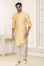Raivat Ethnic Banarasi Jacquard Embroidery Semi Indo Western Sherwani In Yellow Colour