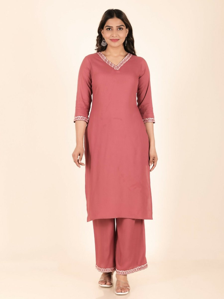 Aramya Pink Rayon Solid Print Straight Kurta Palazzo Set for Women