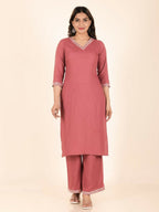Aramya Pink Rayon Solid Print Straight Kurta Palazzo Set for Women