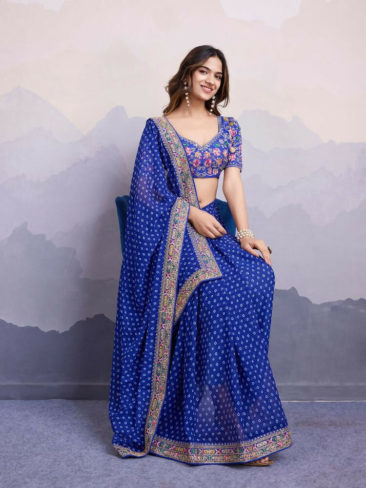 Blue Georgette Bandhani Printed,Embroidery Work Saree - Surkhi