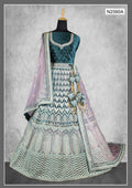 Teal Velvet Thread With Diamond Work Lehenga Choli - Nimaya Tyohar