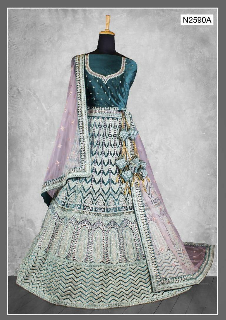 Teal Velvet Thread With Diamond Work Lehenga Choli - Nimaya Tyohar