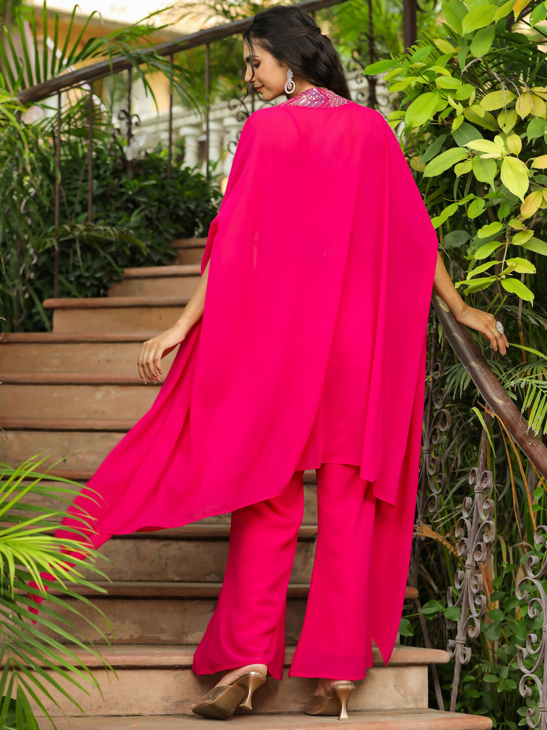 Janasya Pink Georgette Embroidered Top Bottom Cape
