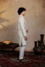 Falling Raw Silk Off White Geometric Symphony Kurta Set By Hilo Design