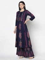 Aniyah Rayon Navy Blue Color Block Print A-line Flared Long Kurta With Two Front Slits (AN-215K)