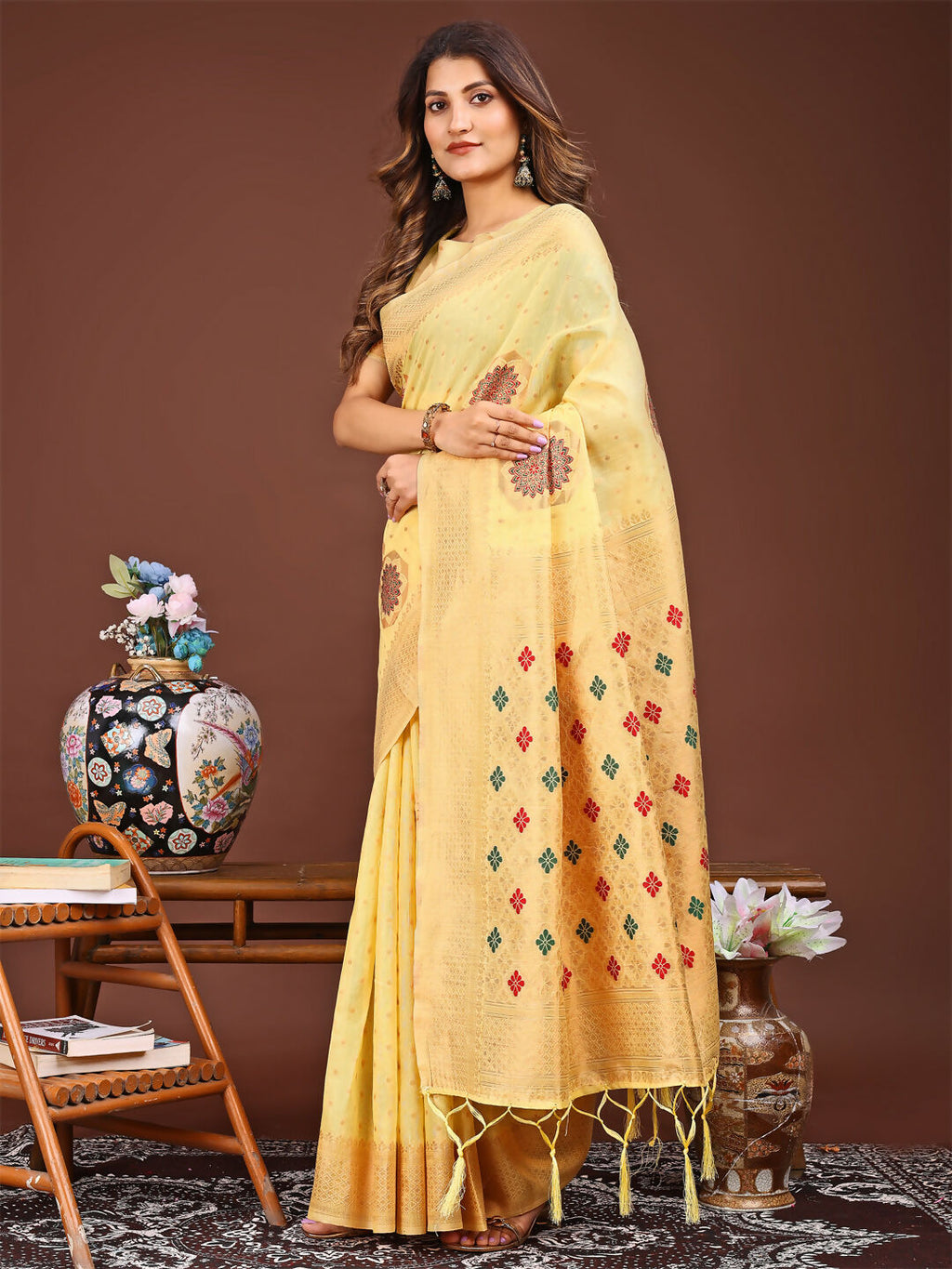 Shree Shyam Fashion Neerja Yellow Linen Cotton Saree